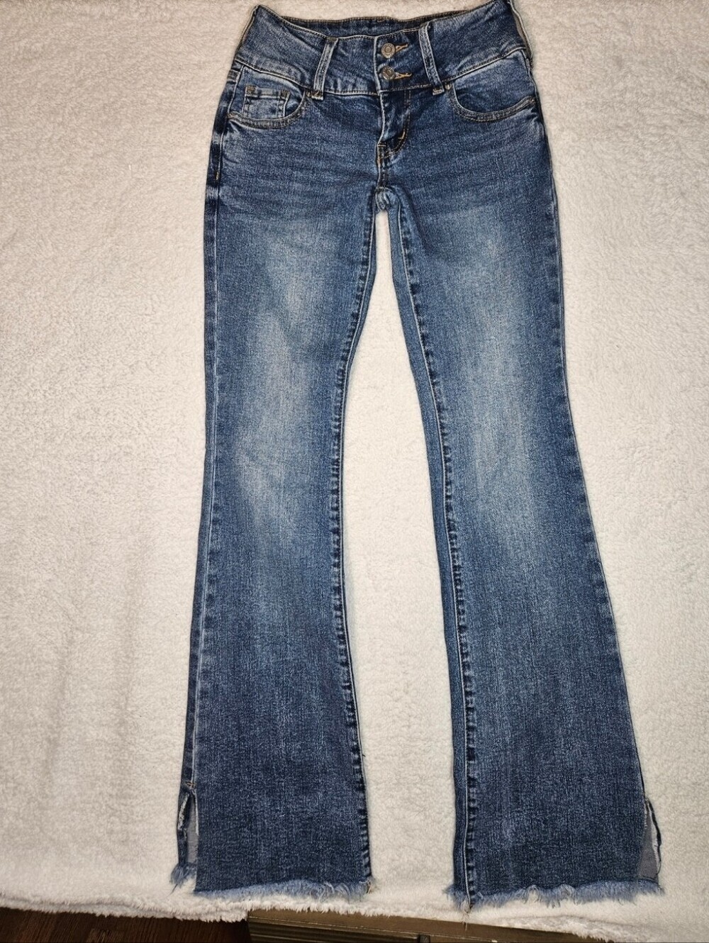 PacSun Women's Medium Blue Flare Jeans with Raw Frayed Hem